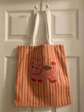 Fuzzy Cat Stripe Tote Bag-Orange & White Striped Bag-Tufted Cat Appliqué